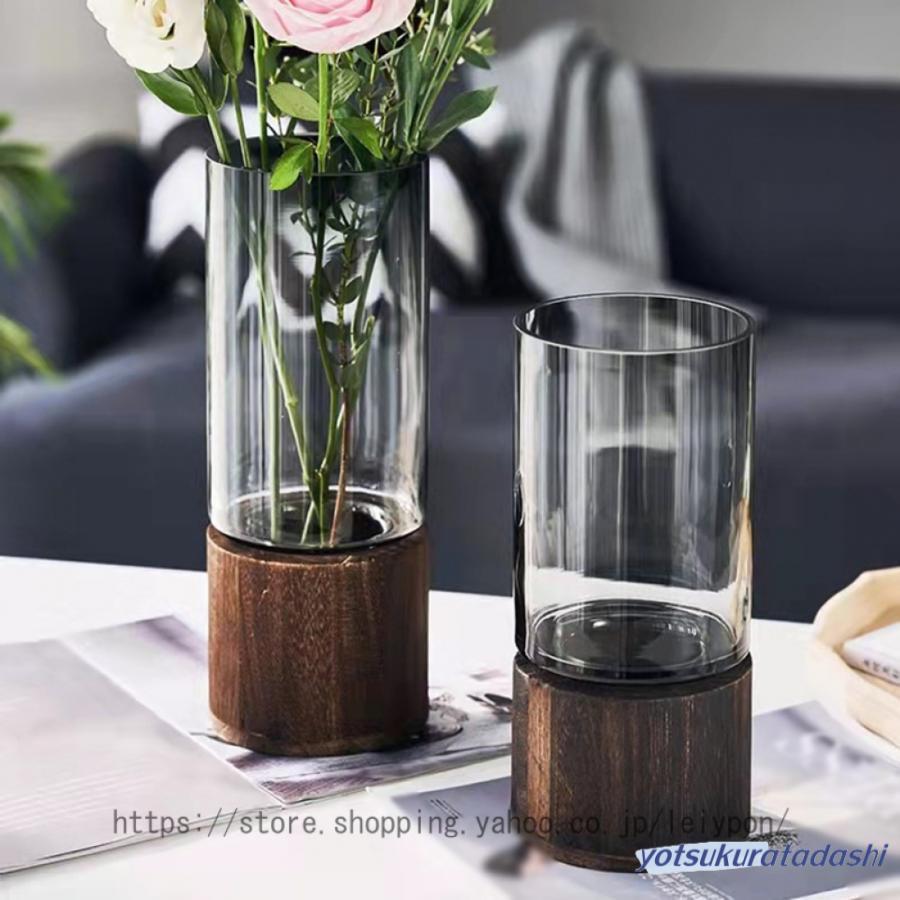 爆買 花瓶 フラワーベース 花器 シリンダー ガラス クリア 木製 大型