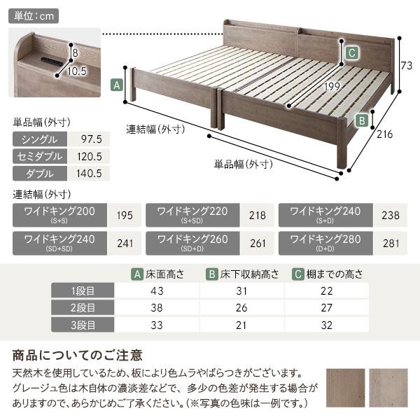 確認のため購入 ベッド ワイドキング 280(D+D) ボンネルコイルマットレス付き グレージュ 連結 頑丈 すのこ 棚付き コンセント付き 高さ調整可 木製 耐荷重650kg〔代引不可〕