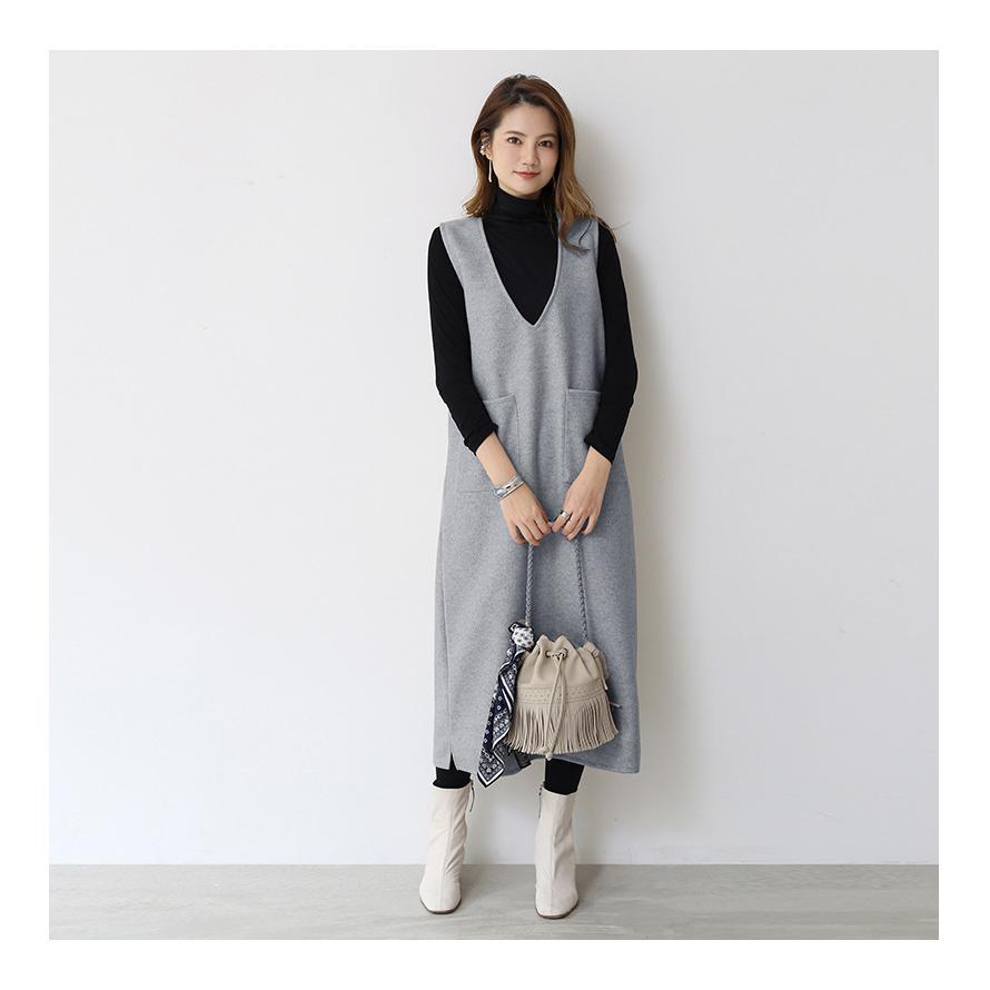 ワンピース ジャンバースカート Vネック ショート丈＆ロング丈 ポケット付き レイヤード 重ね着 韓国ファッション おしゃれ |  | 03