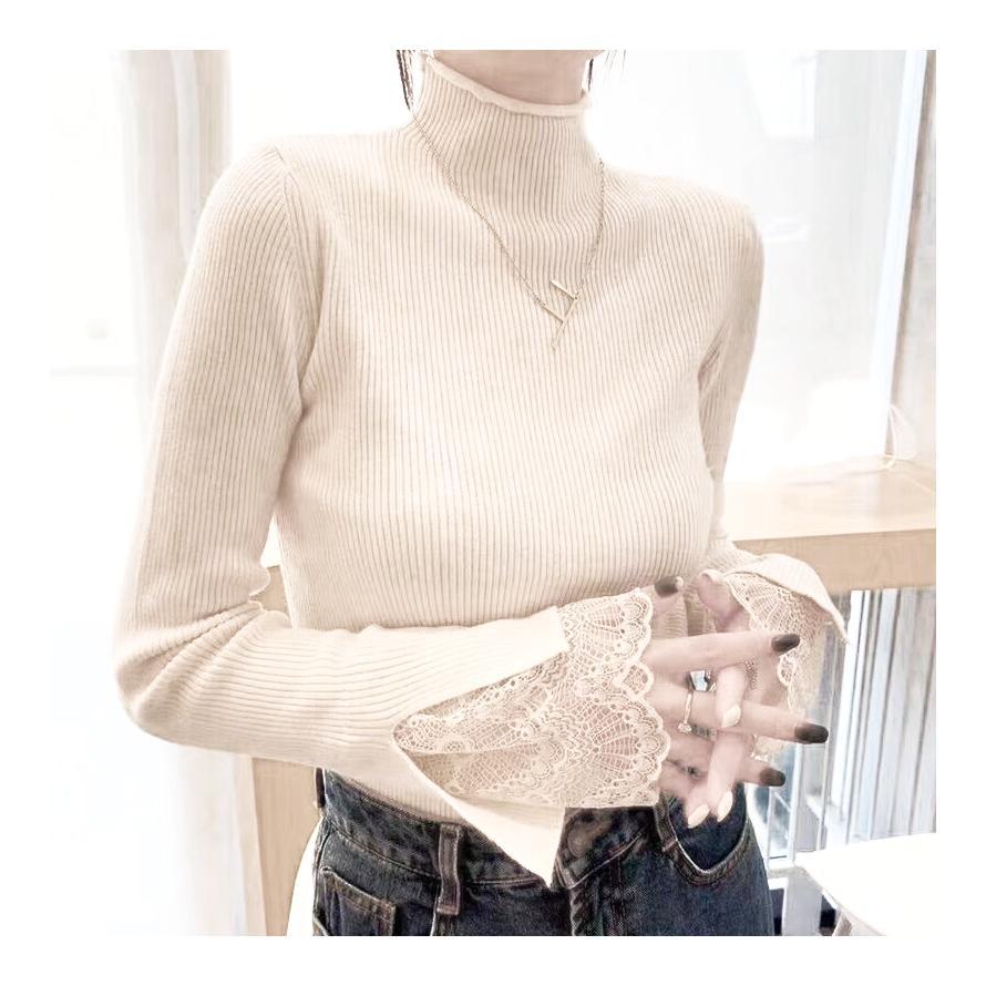リブニットタートルネック 袖レース トップス レディース リブニット ハイネック レイヤード 長袖 重ね着 韓国ファッション おしゃれ |  | 02
