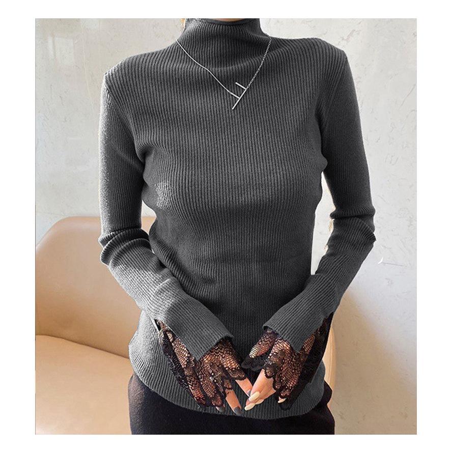 リブニットタートルネック 袖レース トップス レディース リブニット ハイネック レイヤード 長袖 重ね着 韓国ファッション おしゃれ |  | 04