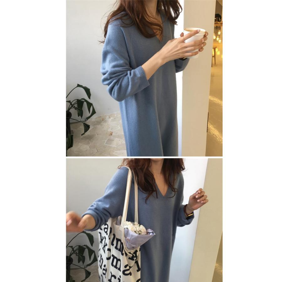 ニットロングワンピース 長袖  ロング丈 ゆったり Vネック シンプル 重ね着 デイリー 韓国ファッション おしゃれ 秋冬コーデ |  | 02