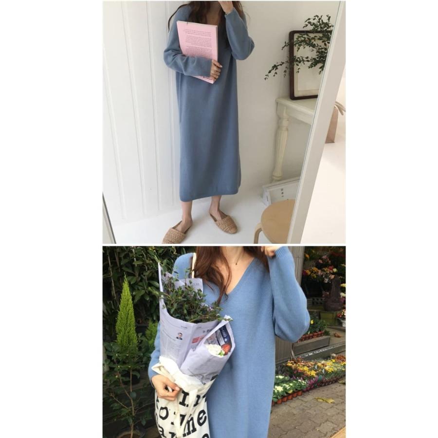 ニットロングワンピース 長袖  ロング丈 ゆったり Vネック シンプル 重ね着 デイリー 韓国ファッション おしゃれ 秋冬コーデ |  | 03