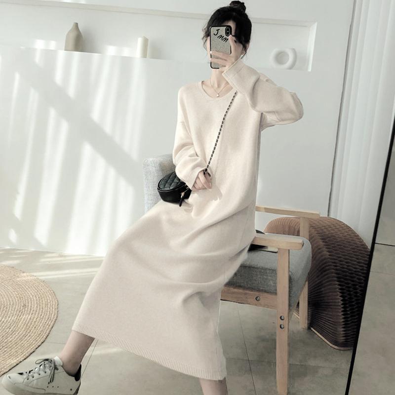 ニットロングワンピース 長袖  ロング丈 ゆったり Vネック シンプル 重ね着 デイリー 韓国ファッション おしゃれ 秋冬コーデ |  | 04