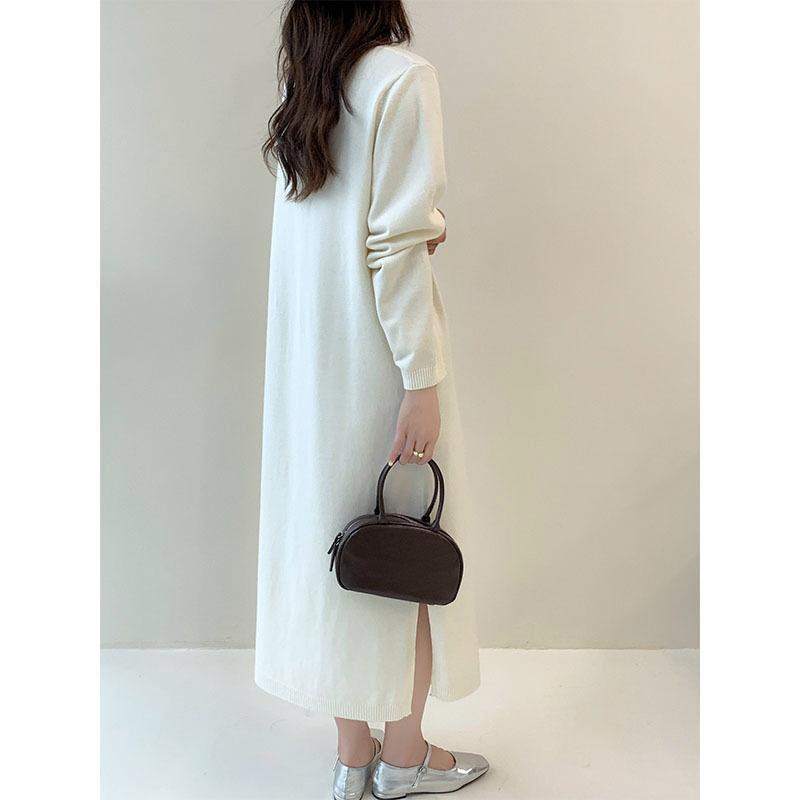 ニットロングワンピース 長袖  ロング丈 ゆったり Vネック シンプル 重ね着 デイリー 韓国ファッション おしゃれ 秋冬コーデ |  | 05