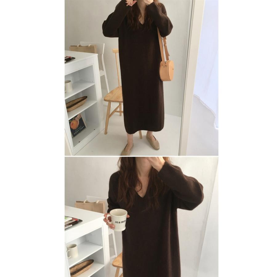 ニットロングワンピース 長袖  ロング丈 ゆったり Vネック シンプル 重ね着 デイリー 韓国ファッション おしゃれ 秋冬コーデ |  | 07