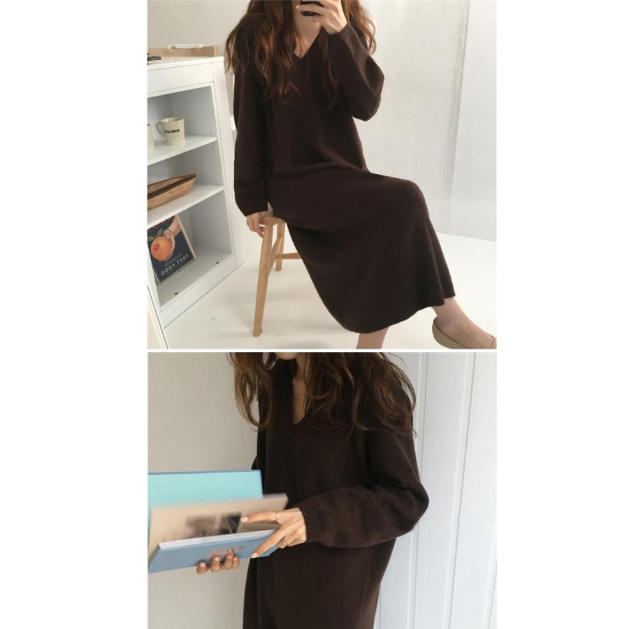 ニットロングワンピース 長袖  ロング丈 ゆったり Vネック シンプル 重ね着 デイリー 韓国ファッション おしゃれ 秋冬コーデ |  | 08