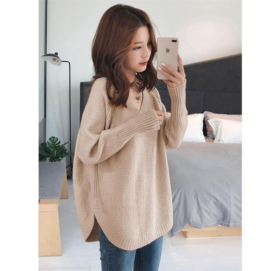 Vネックロングニット トップス 長袖 お尻丈 上品 Vネック 体型カバー シンプル 重ね着 デイリー 韓国ファッション おしゃれ 秋冬コーデ |  | 10