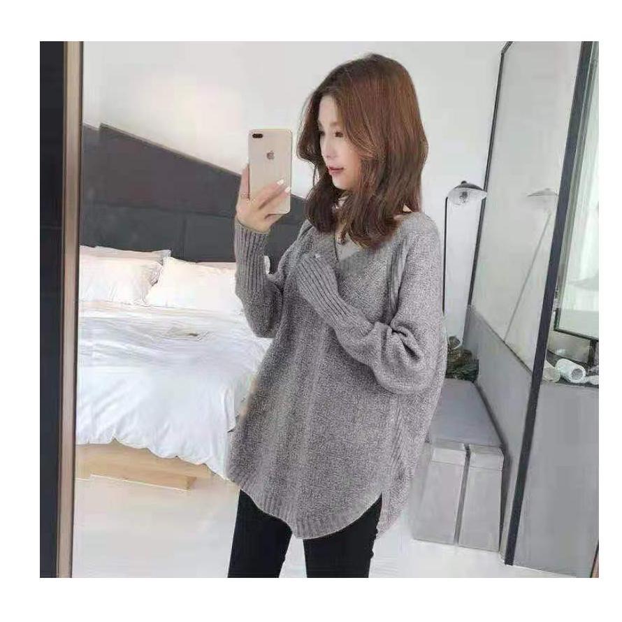 Vネックロングニット トップス 長袖 お尻丈 上品 Vネック 体型カバー シンプル 重ね着 デイリー 韓国ファッション おしゃれ 秋冬コーデ |  | 04