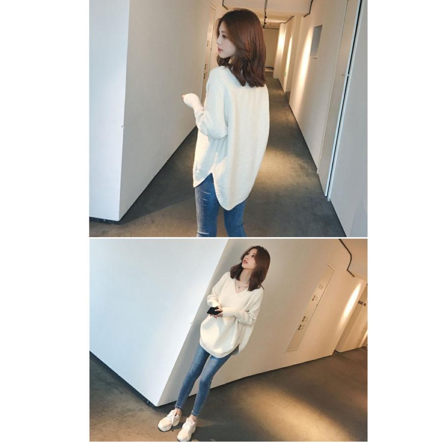 Vネックロングニット トップス 長袖 お尻丈 上品 Vネック 体型カバー シンプル 重ね着 デイリー 韓国ファッション おしゃれ 秋冬コーデ |  | 08