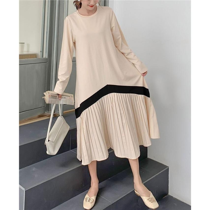 春秋 ファッション ドレス プルオーバー ロングスカート ミディスカート プリーツスカート ワンピドレス ロング丈 袖あり 長袖 パフスリーブ ラウンドネック 襟なし ふわふわ 伸縮性 薄手 異素材MIX かわいい 大人可愛い カジュアル 大人 お洒落 大人女子 ラブリー 個性的 ロングワンピース ワンピース レディース プリーツ裾 きれいめ 春 夏