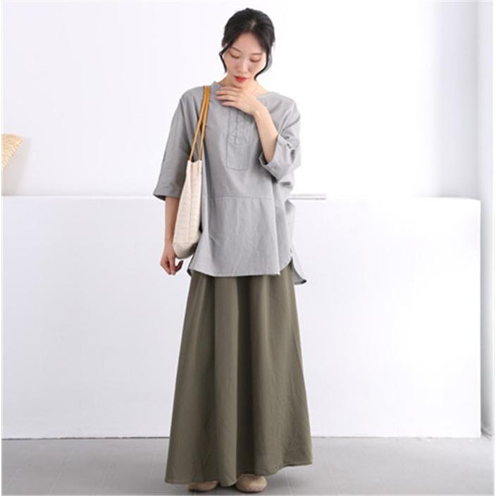 ブラウス レディース 夏 半袖 5分袖 綿麻混風 プルオーバー シャツ