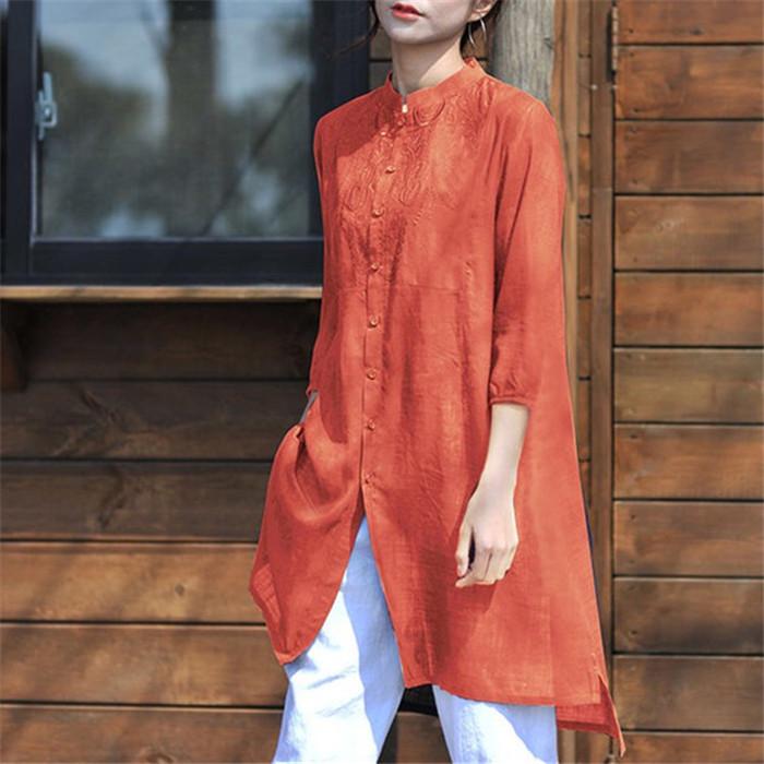 綿麻混ワンピース レディース 40代 夏 春 トップス ロングシャツ チュニック ゆったり シャツワンピース 7分袖 リネンシャツ 大きいサイズ スリット 刺繍 コーデ Cd Bj 0131 Youdear 通販 Yahoo ショッピング