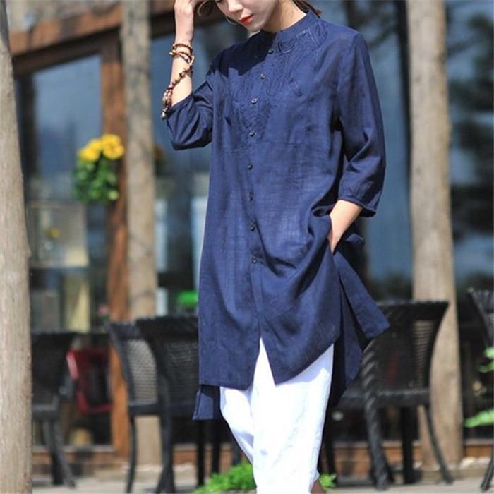 綿麻混ワンピース レディース 40代 夏 春 トップス ロングシャツ チュニック ゆったり シャツワンピース 7分袖 リネンシャツ 大きいサイズ スリット 刺繍 コーデ Cd Bj 0131 Youdear 通販 Yahoo ショッピング