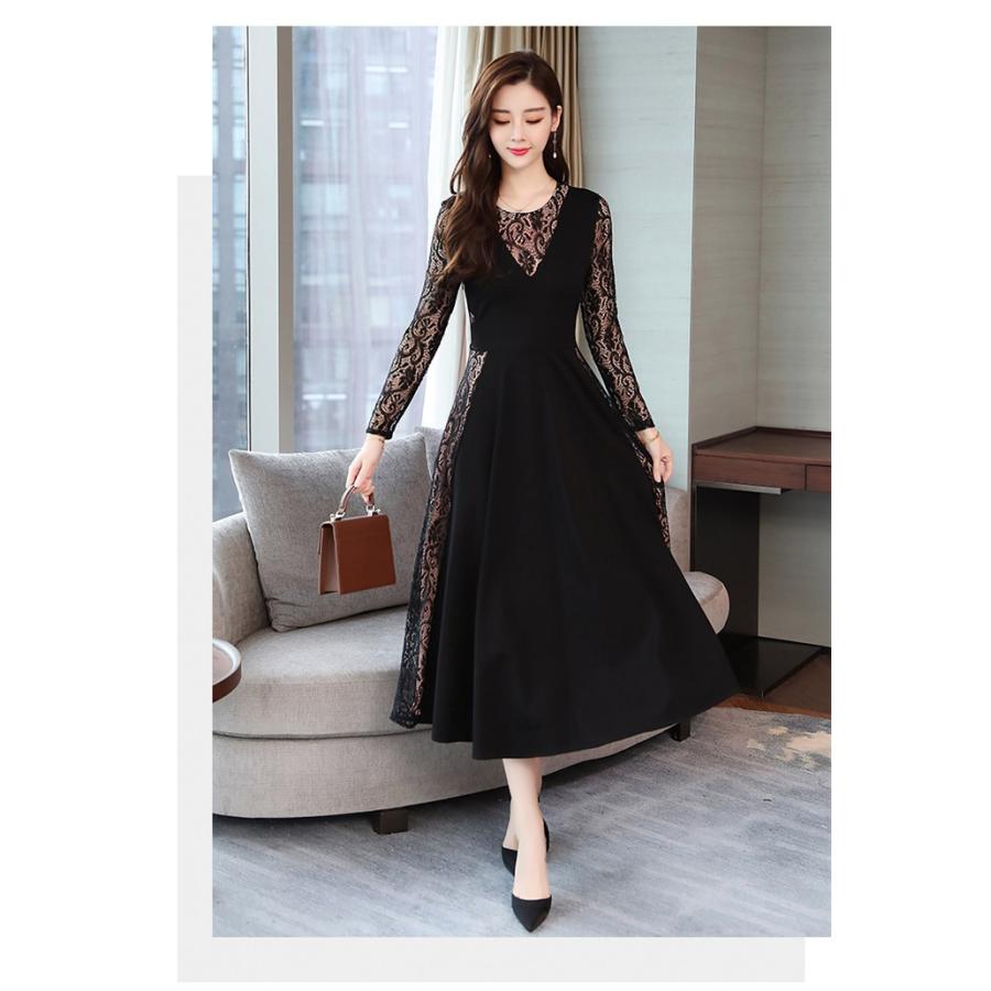 ワンピース レディース きれいめ ロングワンピース フレア マキシワンピース レース繋がり Aラインワンピース 長袖 黒 秋ワンピース 40代 50代 体型カバー Cxj Mdp162 Youdear 通販 Yahoo ショッピング