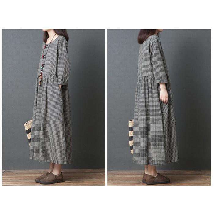 マキシワンピース チェック柄 綿麻混ワンピース 体型カバー コットン