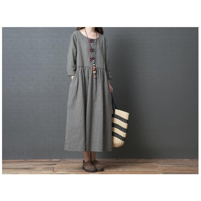 マキシワンピース チェック柄 綿麻混ワンピース 体型カバー コットン