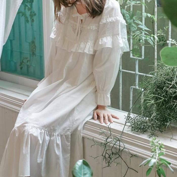 パジャマ レディース ルームウエア 部屋着 ワンピース 春 夏 レース Pajamas コットン 無地 ホワイト 白 ロングワンピース ゆったり 長袖 Hs Bi 001 Youdear 通販 Yahoo ショッピング