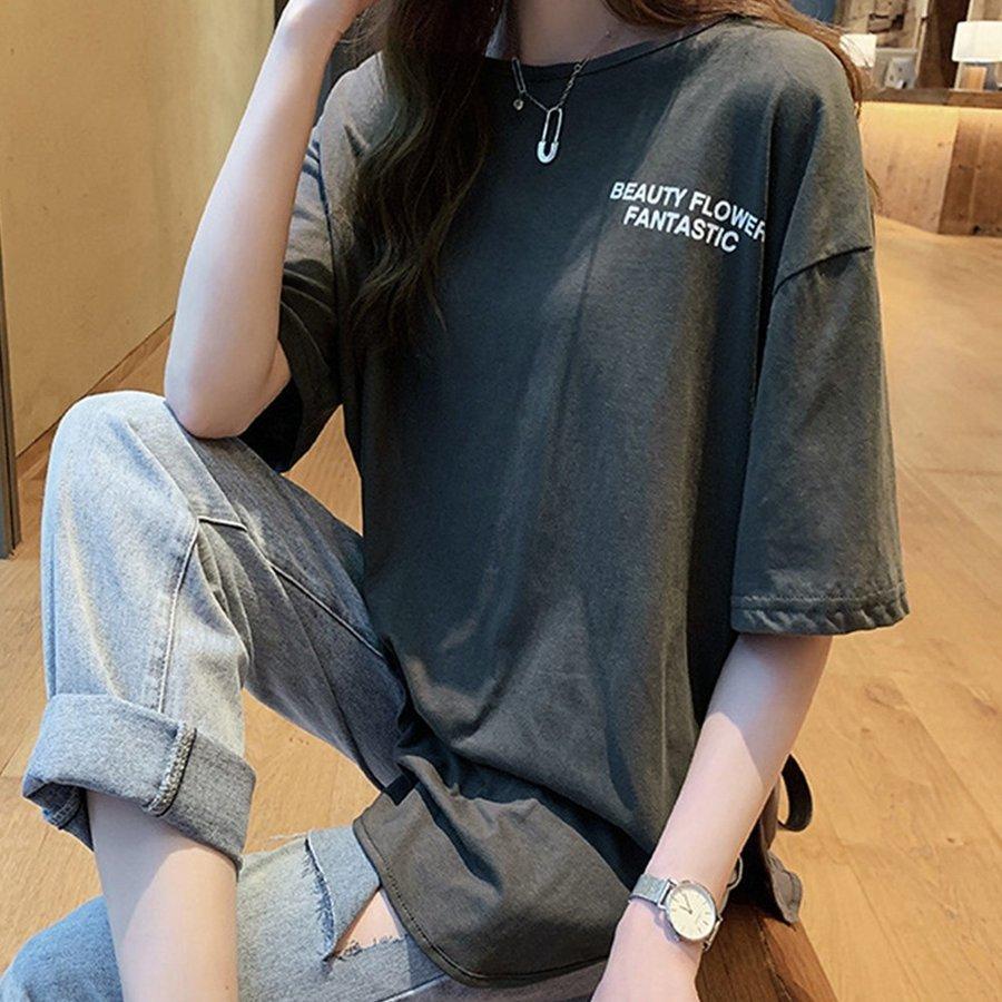 ロングtシャツ レディース ゆったり カットソー サイドスリット tシャツ 英字ロゴ 体型カバー 半袖 春夏 トップス オーバーサイズ｜youdear｜08