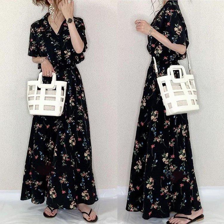 ワンピース レディース ワンピース キレイめ 膝丈ワンピース 夏 半袖 シフォンワンピ 花柄 ロング丈ワンピ オシャレ Vネックワンピース 通勤 着痩せ Hs Cg 076 Youdear 通販 Yahoo ショッピング
