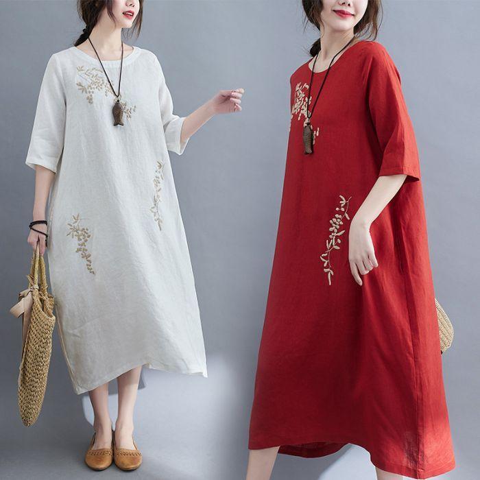 ワンピース レディース ロングワンピース 半袖 5分袖 シャツワンピース 綿麻 リネン混 マキシ丈 刺繍 ゆったり 大きいサイズ 丸襟 キレイめ 30代 40代 春 秋 Hs Cg 138 Youdear 通販 Yahoo ショッピング