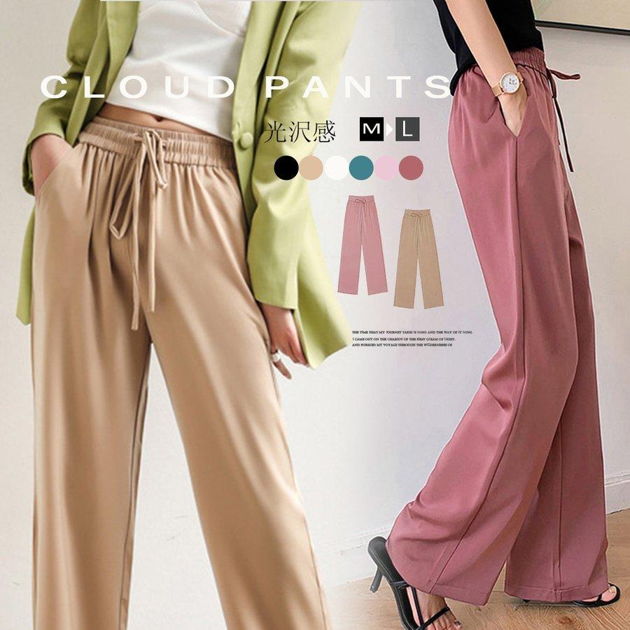 ワイドパンツ レディース ウエストゴム カラーサテンパンツ 薄手