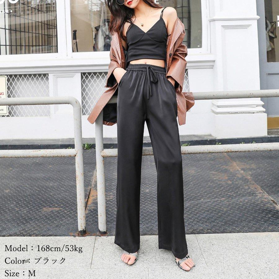ワイドパンツ レディース ウエストゴム カラーサテンパンツ 薄手