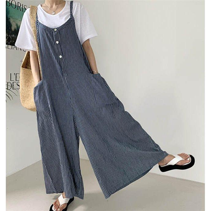 サロペットパンツ ガウチョパンツ スカーチョ ストライプ柄 