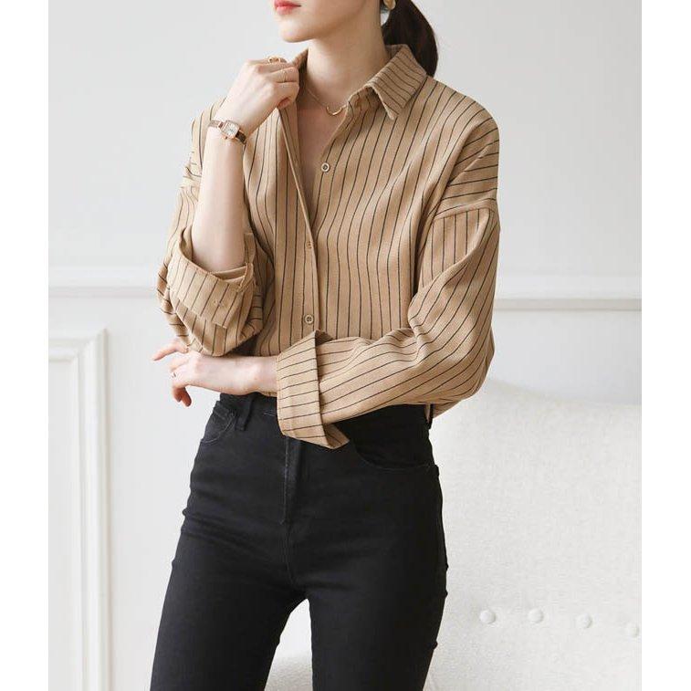 ストライプ柄長袖ブラウス シャツブラウス ストライプ柄 ドロップショルダー 襟付き マリン風