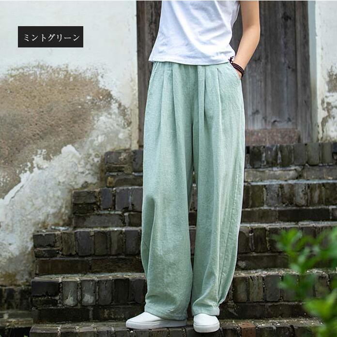 イージーパンツ レディース 夏 リネン サルエルパンツ 薄手 ワイド