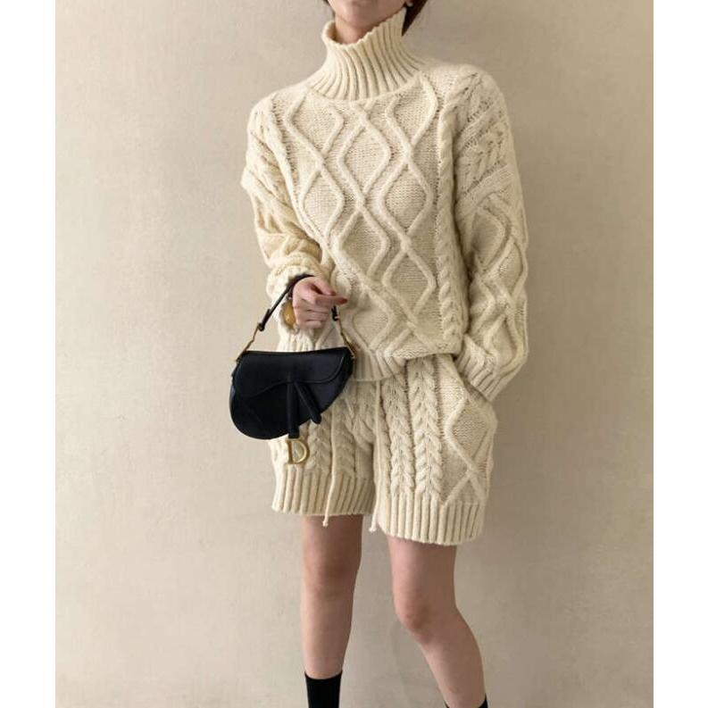 セットアップ タートルネック ショートパンツ ケーブルニット セットアップ レディース 秋冬 ニットセーター タートルネック