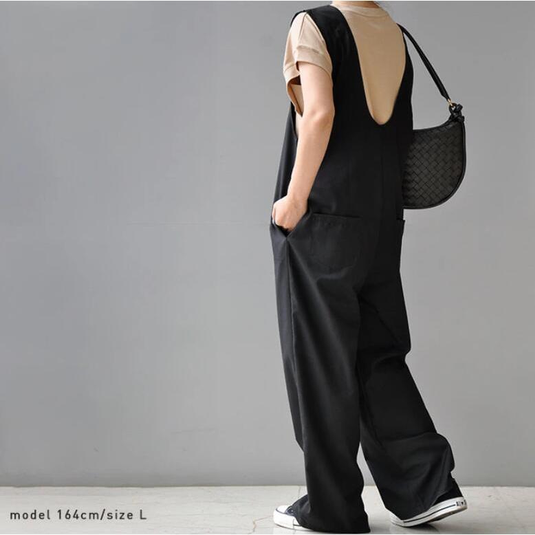 オールインワン レディース Vネック 楽ちん サロペット ワイドパンツ 