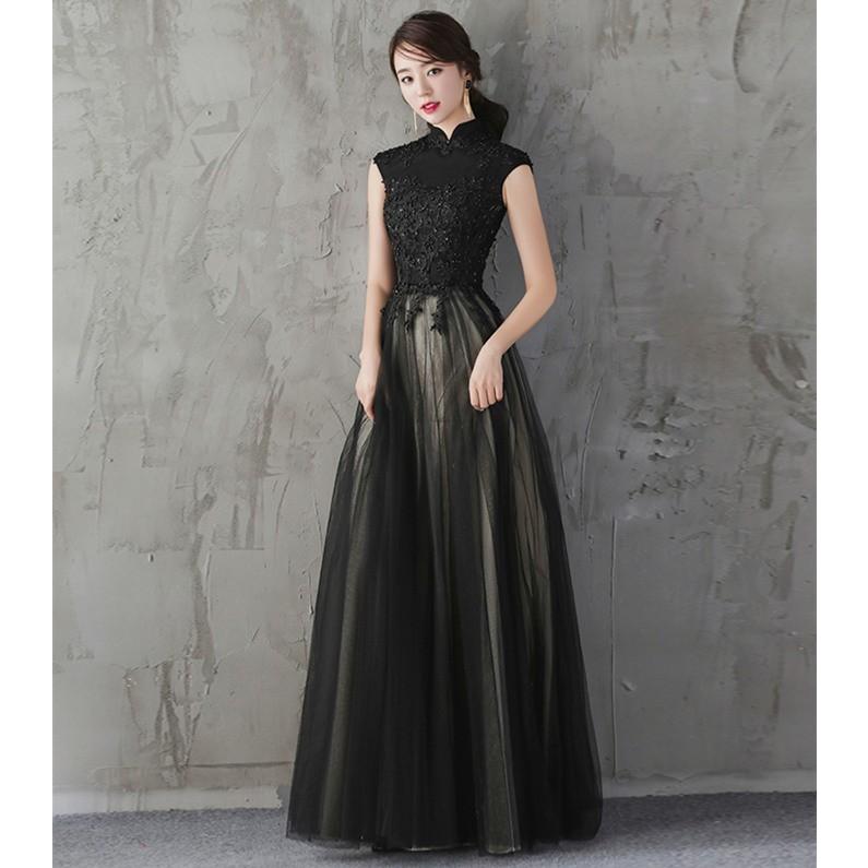 パーティードレス 結婚式 袖なしドレス 立ち襟 ロングドレス マキシ丈