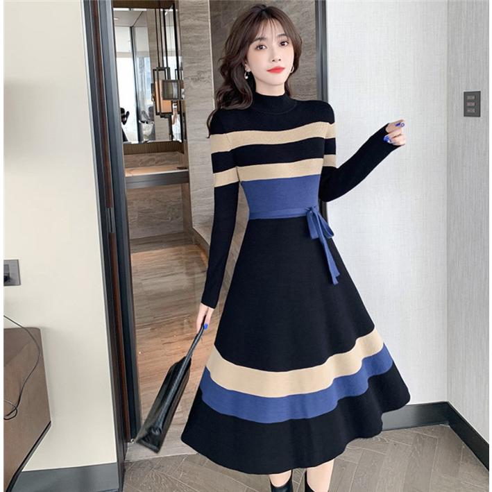 ニットワンピース レディース 40代 秋冬 ロングワンピース ストライプ ベルト付き ワンピース きれいめ 大人 上品 ワンピース 長袖 体型カバー 通勤 着痩せ ニットワンピース レディース 40代 秋冬 ロングワンピース ストライプ