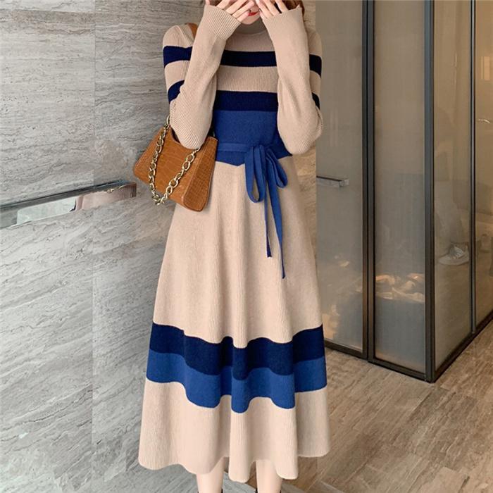 ニットワンピース レディース 40代 秋冬 ロングワンピース ストライプ