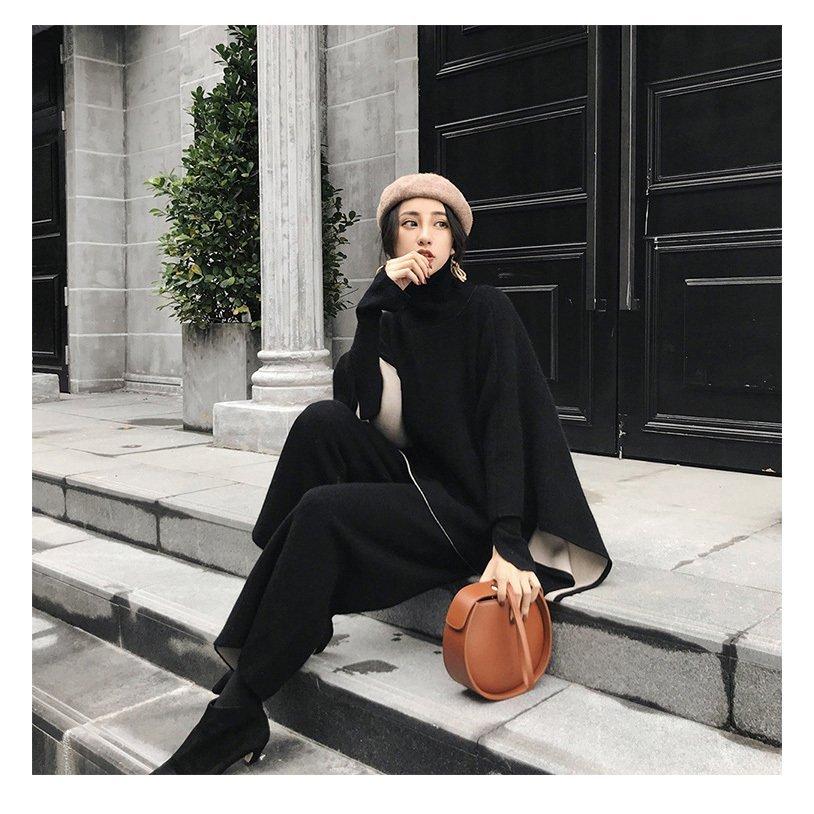 セットアップ レディース 40代 秋冬 長袖 マントプルオーバー 黒 ワイトパンツ オシャレ 2点セット 上下セット セーター 着痩せ 上品 通勤 入学式 卒業式 セットアップ レディース 40代 秋冬 長袖 マントプルオーバー 黒