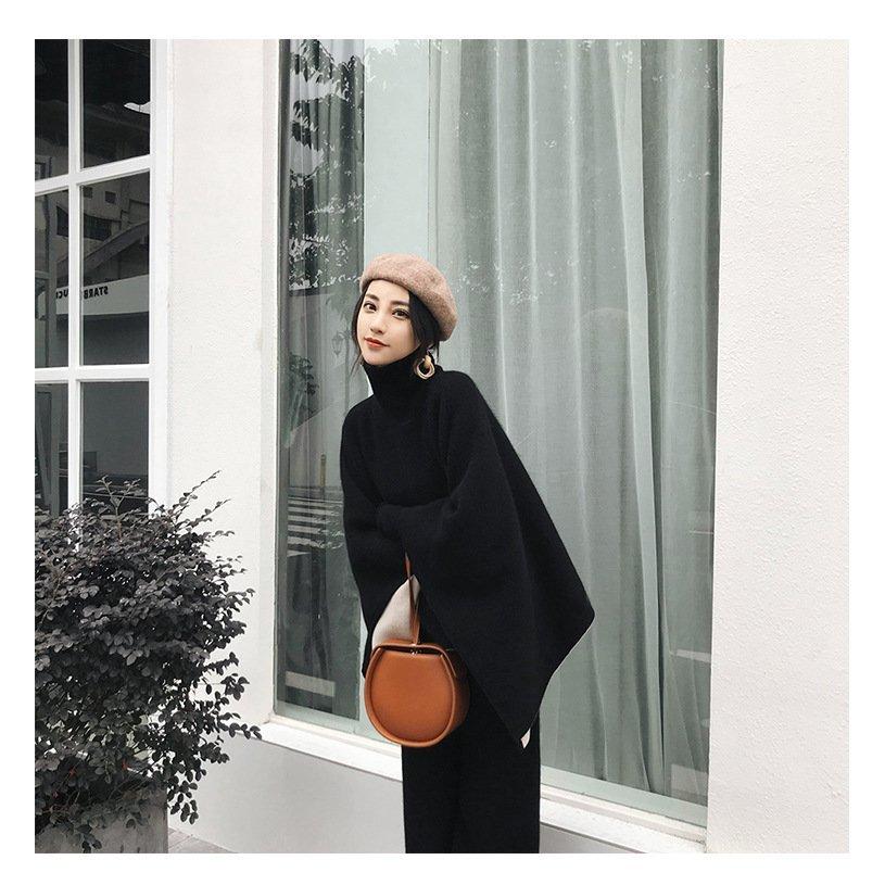 セットアップ レディース 40代 秋冬 長袖 マントプルオーバー 黒