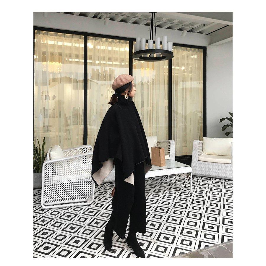 セットアップ レディース 40代 秋冬 長袖 マントプルオーバー 黒