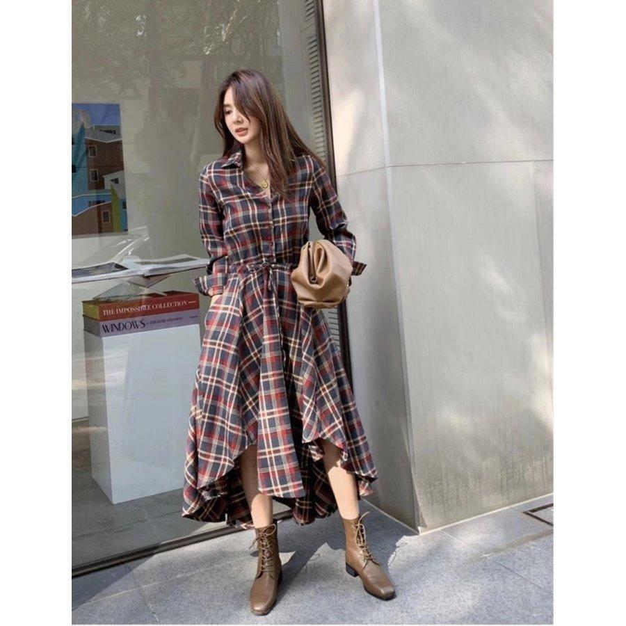 シャツワンピース レディース 40代 春秋 チェックワンピース きれいめ