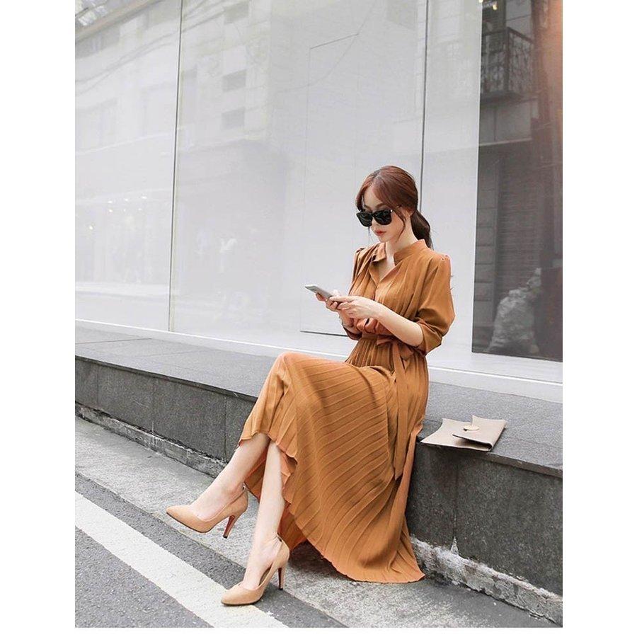 ワンピース レデイース ロング丈 長袖 プリーツ フレア シフォン