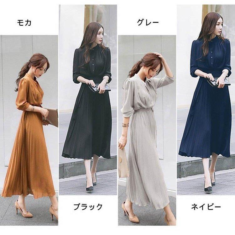 ワンピース レデイース ロング丈 長袖 プリーツ フレア シフォン