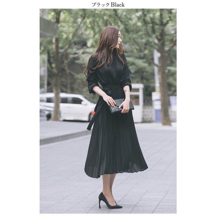 ワンピース レデイース ロング丈 長袖 プリーツ フレア シフォン