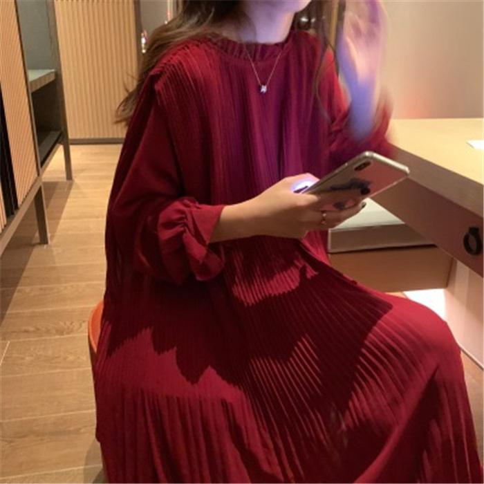 ワンピース レデイース ロング丈 春 長袖 プリーツ フレア シフォン