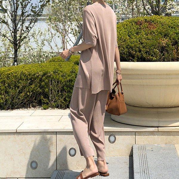 セットアップ レディース サマーニット 上下セット 快適 半袖 ワイド