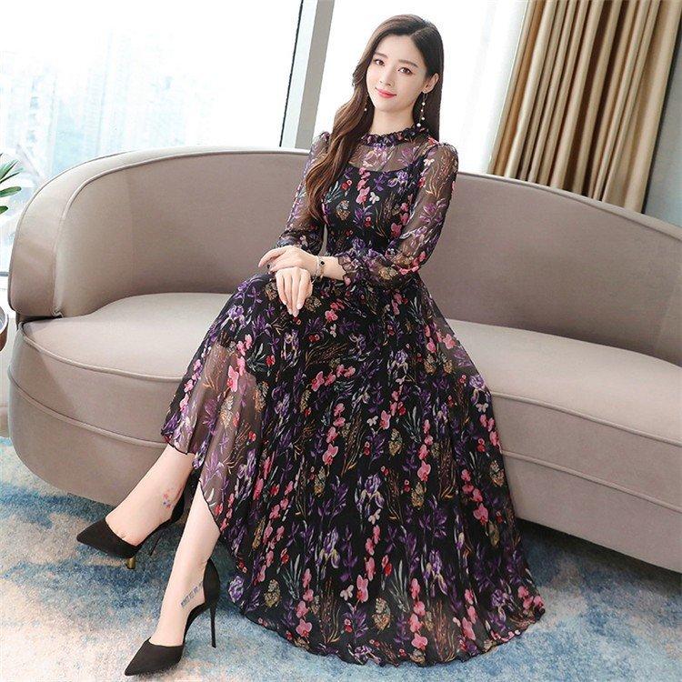 ワンピースドレス レディース 春夏 マキシ丈 シルク風 花柄 長袖 ワンピースドレス レディース 春夏 マキシ丈 シルク風 花柄 長袖