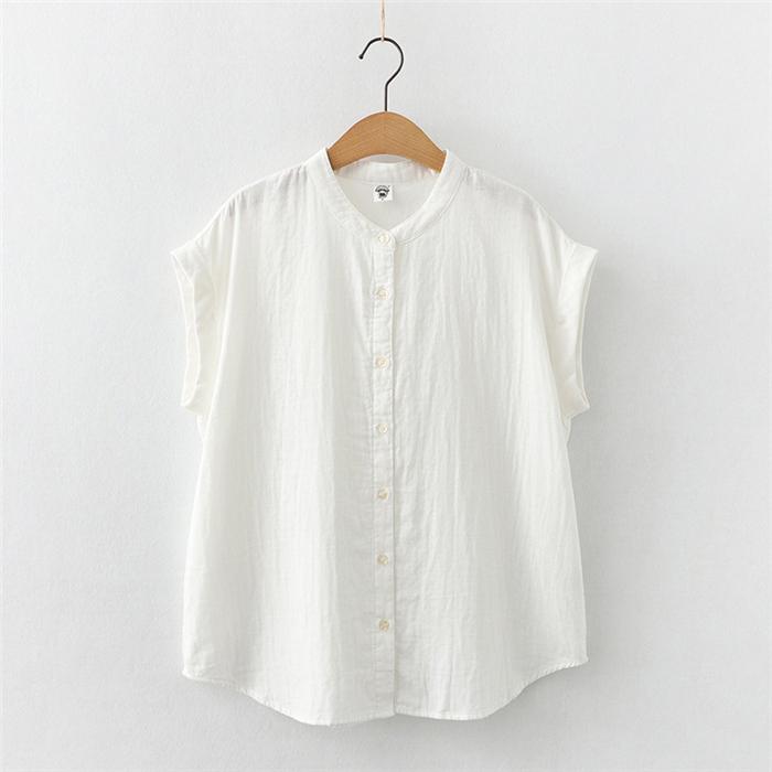 人気＊45R カディコットンブラウス オフホワイト白 2 半袖 洗える 日本製 オーガニックコットンバンドカラー半袖ワイドブラウス （白