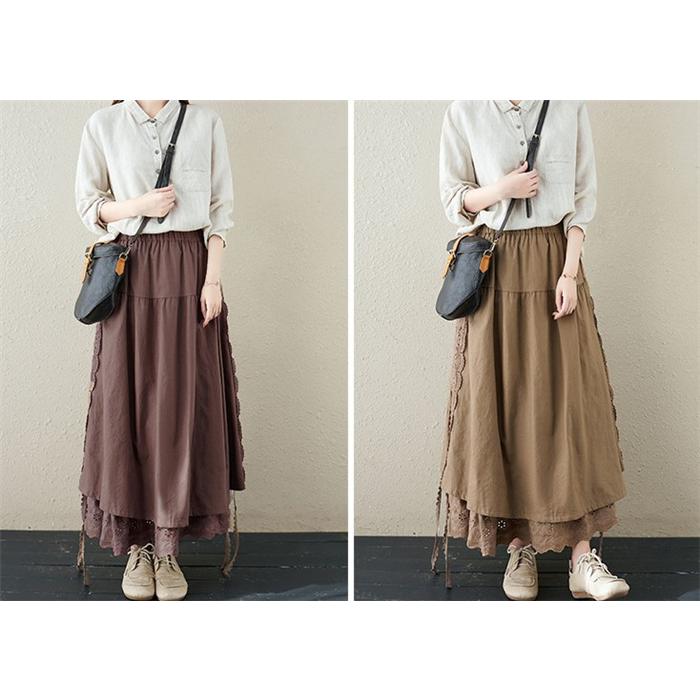 スカート ロング 春 秋冬 Aライン 異素材 切替 レース アシンメトリー