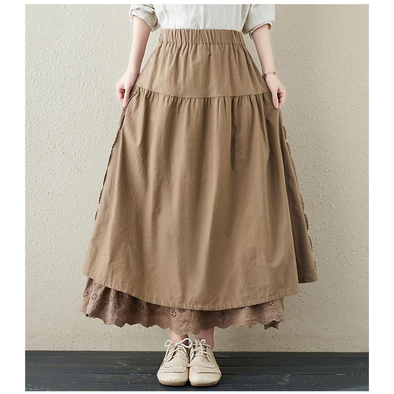 スカート ロング 春 秋冬 Aライン 異素材 切替 レース アシンメトリー