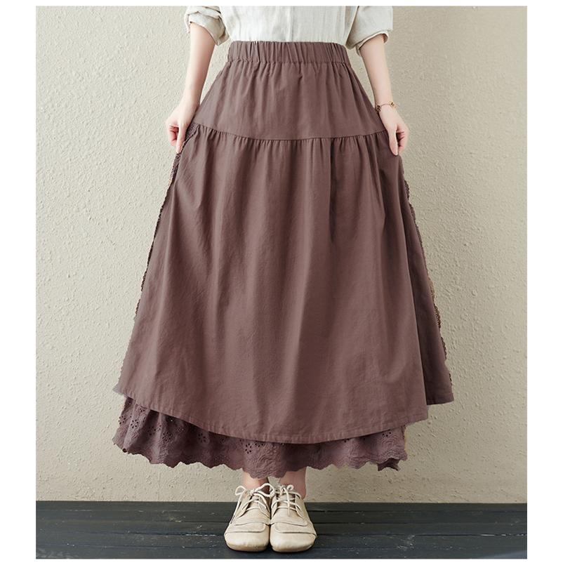 スカート ロング 春 秋冬 Aライン 異素材 切替 レース アシンメトリー