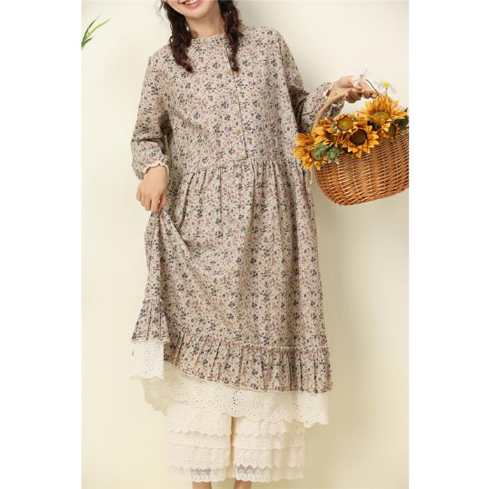 刺繍ワンピース コットン 花柄 レトロ ふんわり長袖 くすみカラー 美品 ワンピース 長袖 40代 春 花柄ワンピース ナチュラル コットン